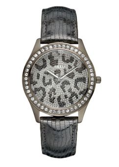 Guess Animal Print Dial Black Leather Strap