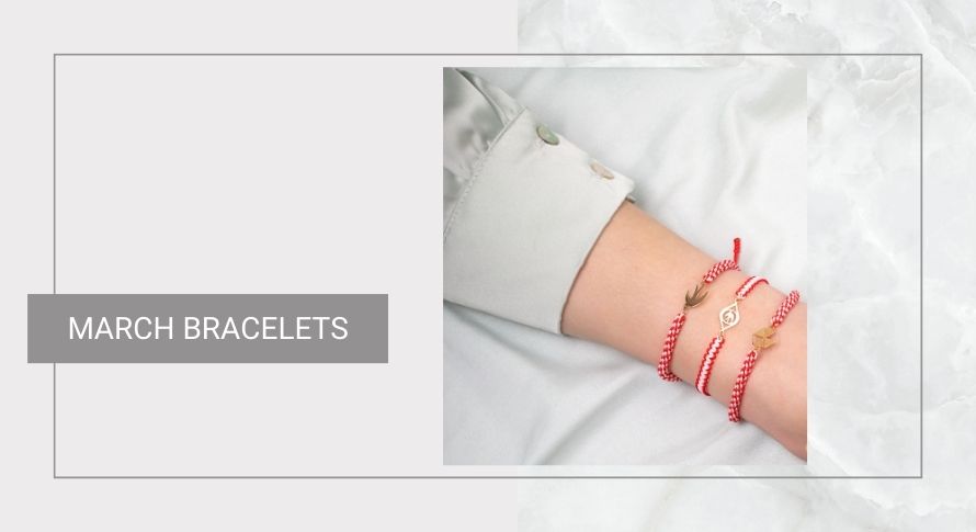 March Bracelets in knitted red and white colors